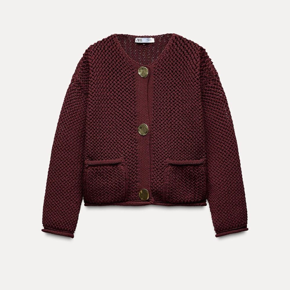 Zara chunky knit cardigan in burgundy - Picture 16 of 16